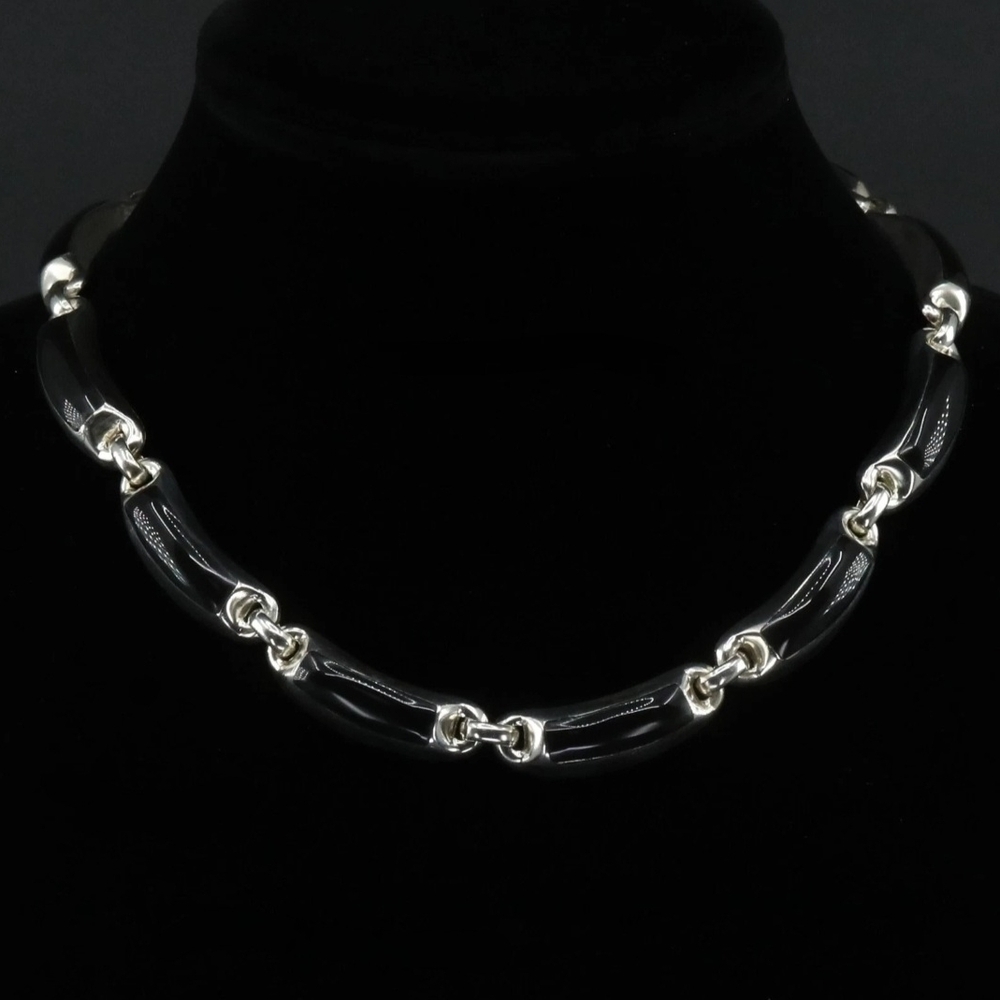 925 Sterling Silver DESIGNER Onyx Inlay 18" Heavy Chain Necklace 86.6g Vintage